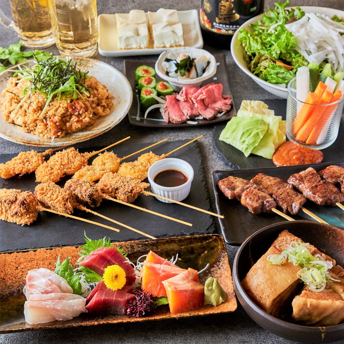 【串笑門コース】絶品の串揚げ&串焼きやプリプリもつ鍋など選べる鍋!10品3h飲み放題付 4,500円のイメージ