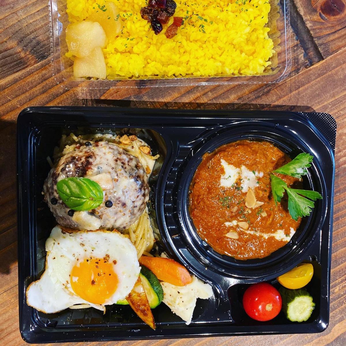 スパイシーカレー&手ごねハンバーグ弁当!!のイメージ